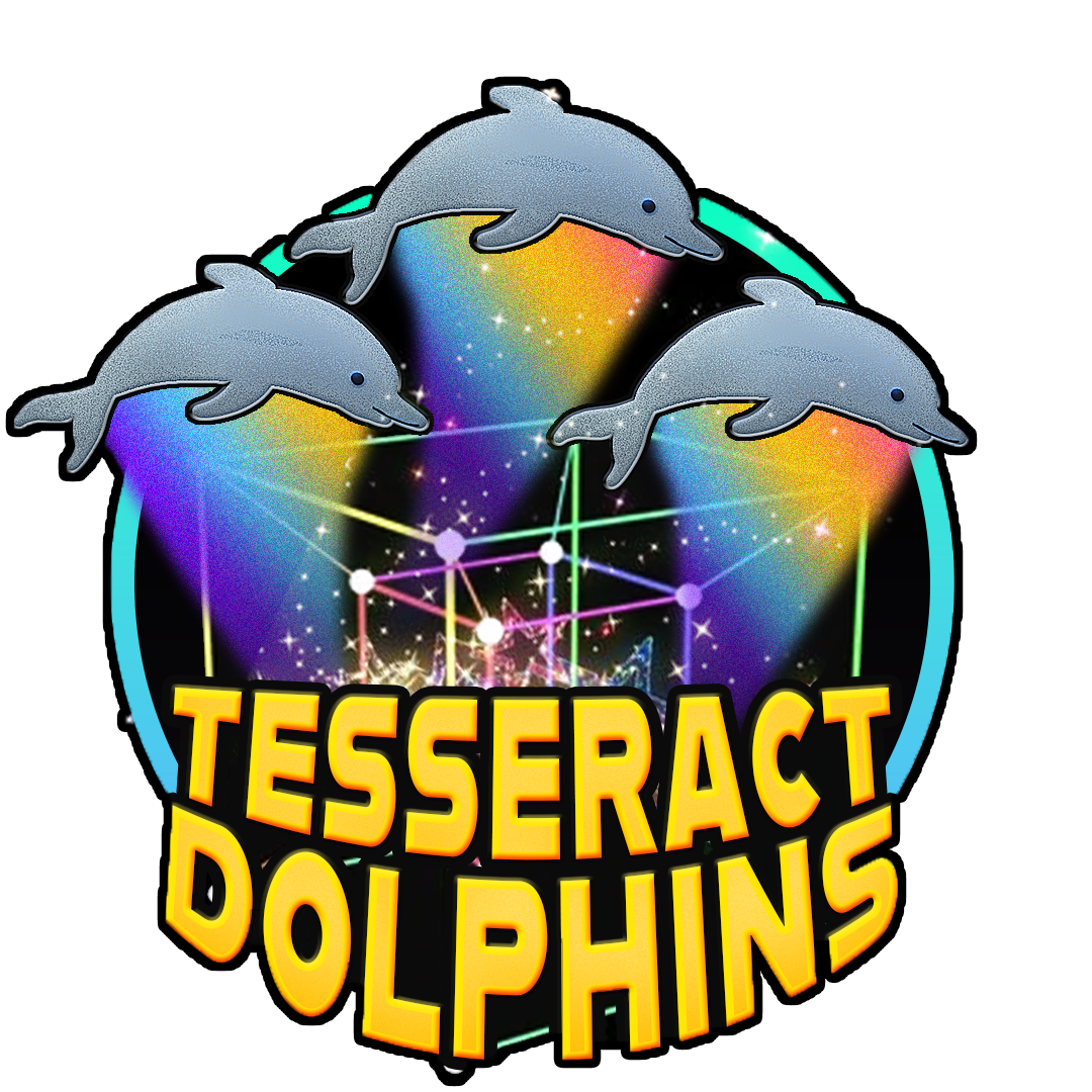 Tesseract Dolphins logo featuring dolphins swimming in the cosmos in the midst of molecular tesseracts